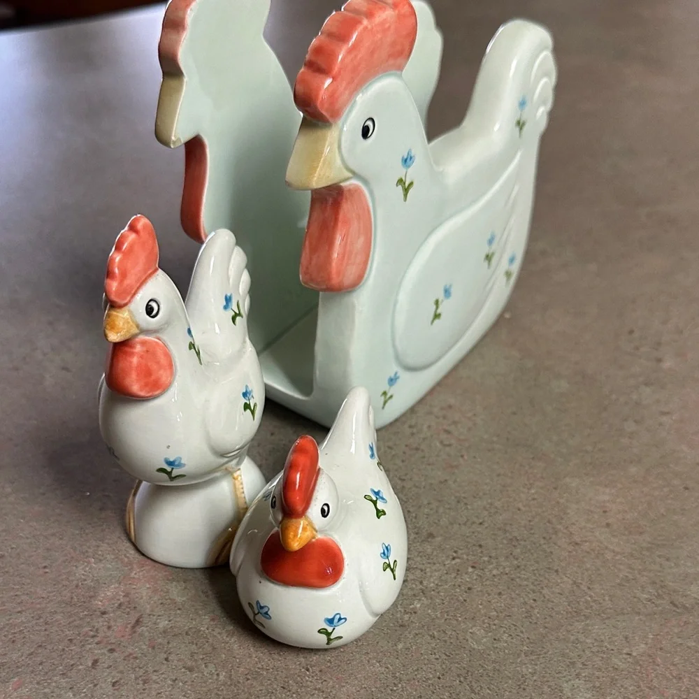 Otagiri Ceramic Chicken Napkin Holder Salt and Pepper Shakers Set - Picture 9 of 11